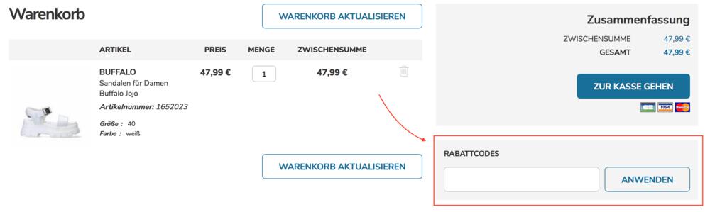 Sneakin Warenkorb-Screenshot mit Gutschein-Eingabefeld