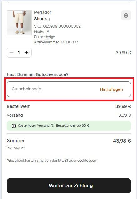 Eingabefeld für einen Snipes Gutscheincode an der Online-Kasse