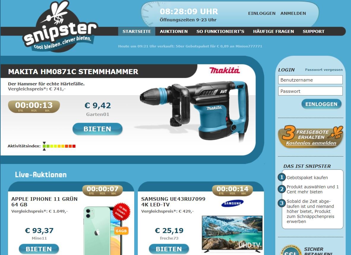 Ansicht des Snipster-Webshops mit Angeboten an neuen Markenprodukten