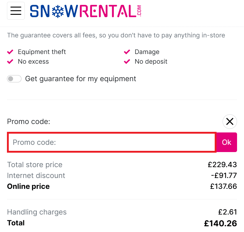Snowrental discount code box during booking process