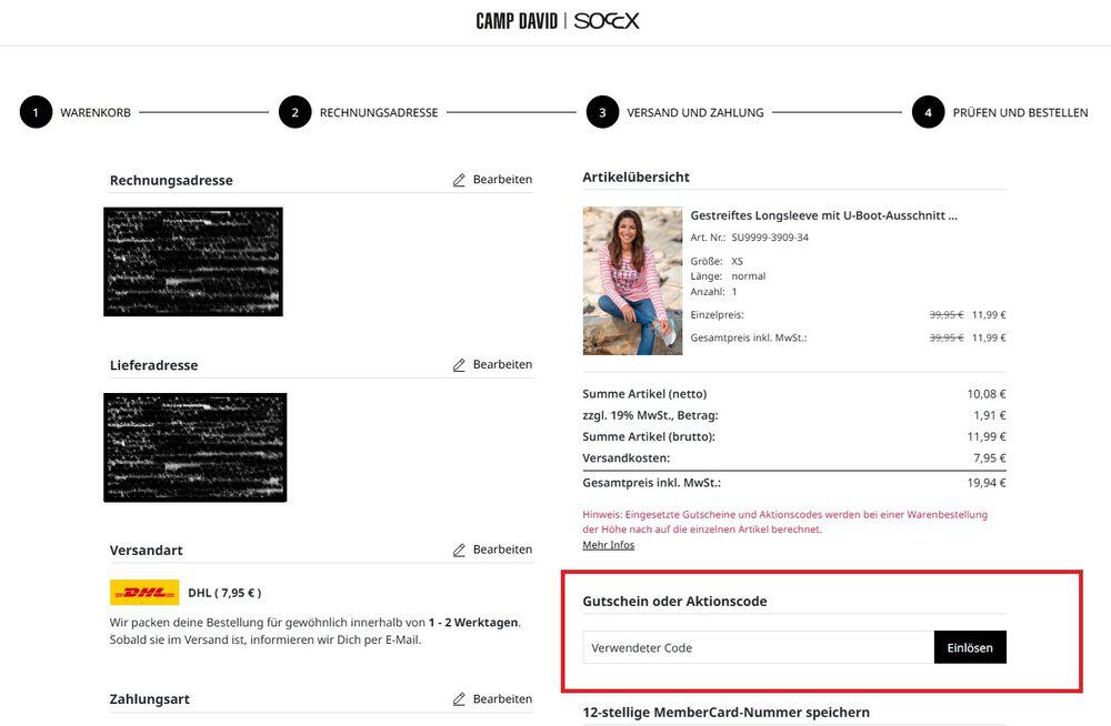 Online-Kasse mit Eingabefeld für einen Soccx oder Camp David Gutschein