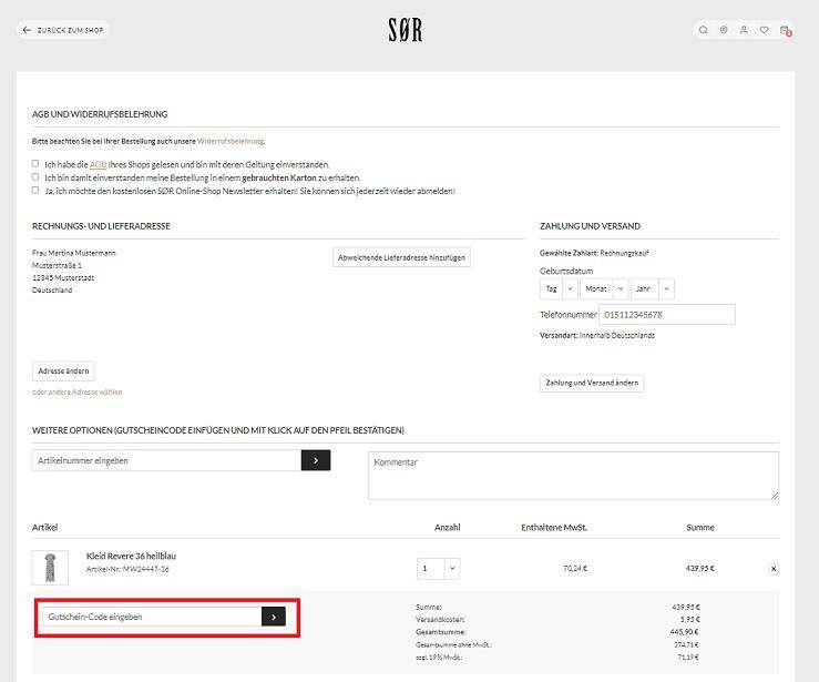 Screenshot aus dem Warenkorb mit Hinweis darauf, wo du den Soer Gutschein einlösen kannst