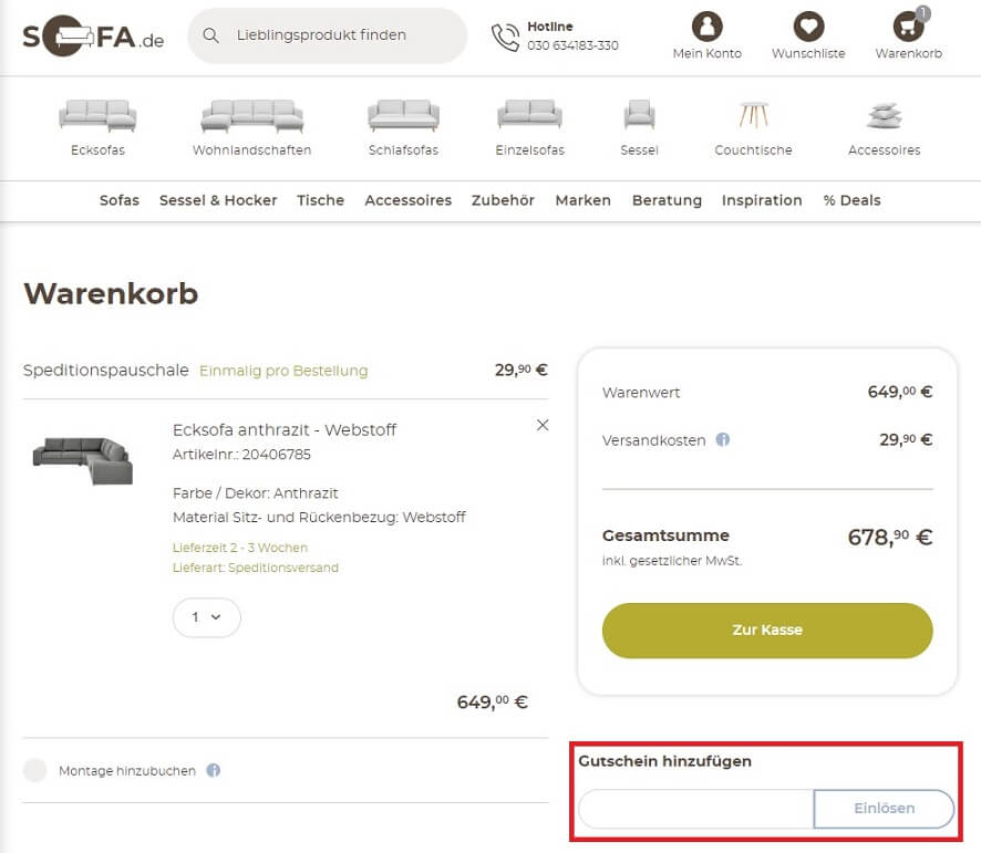 Screenshot aus dem Warenkorb mit Einlösefeld für den Sofa.de Gutschein
