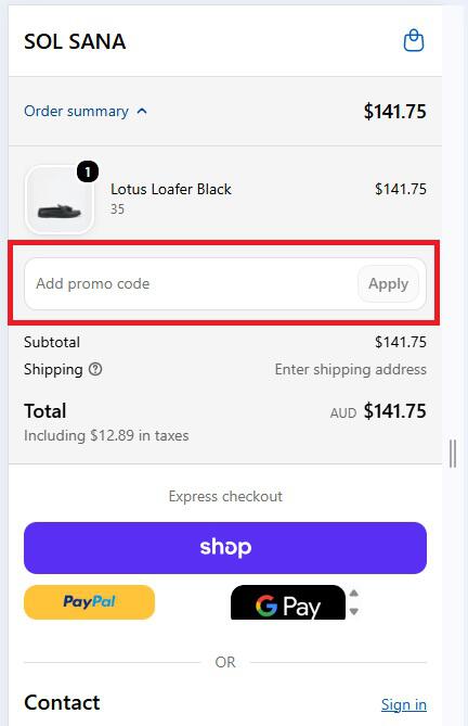 screenshot of the Sol Sana promo code box at checkout