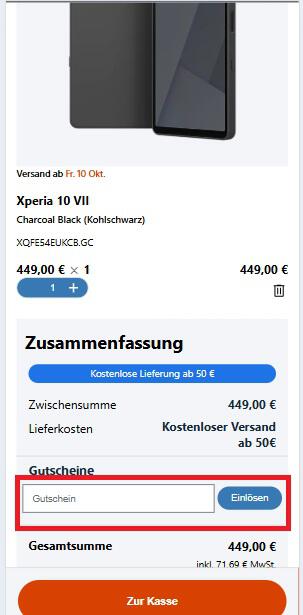Eingabefeld für einen Sony Rabattcode