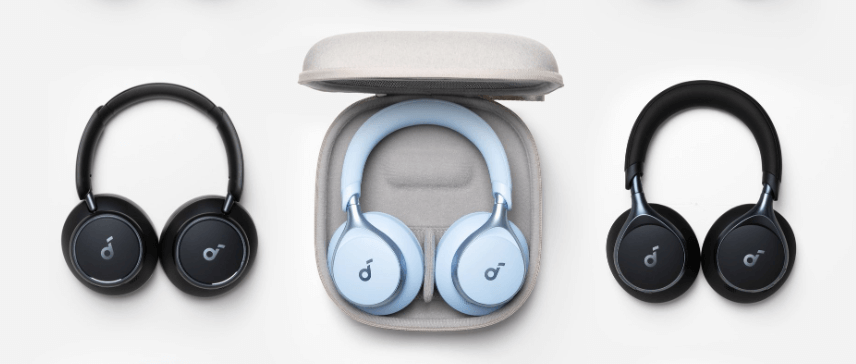 Soundcore deals page image featuring three pairs of headphones, including a different colour set in an open case