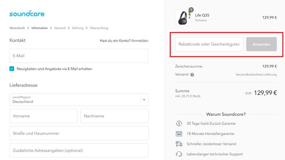 Screenshot der virtuellen Kasse mit Feld zum Einlösen vom Soundcore Gutschein