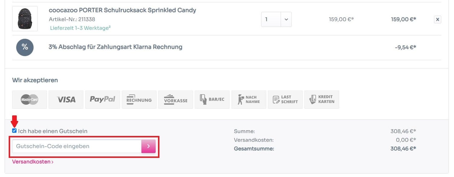 Eingabefeld für einen Southbag Gutschein im Warenkorb des Online-Shops