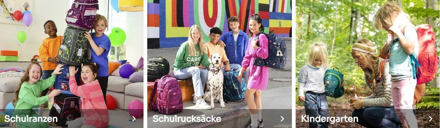 Banner für die Southbag Gutscheinseite mit Hinweis auf Schulranzen, Schulrucksäcke und Kindergarten-Artikel im Sortiment