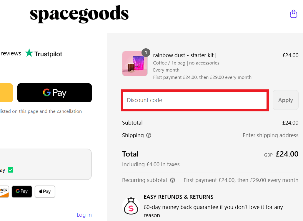 Spacegoods discount code redemption box in shopping cart