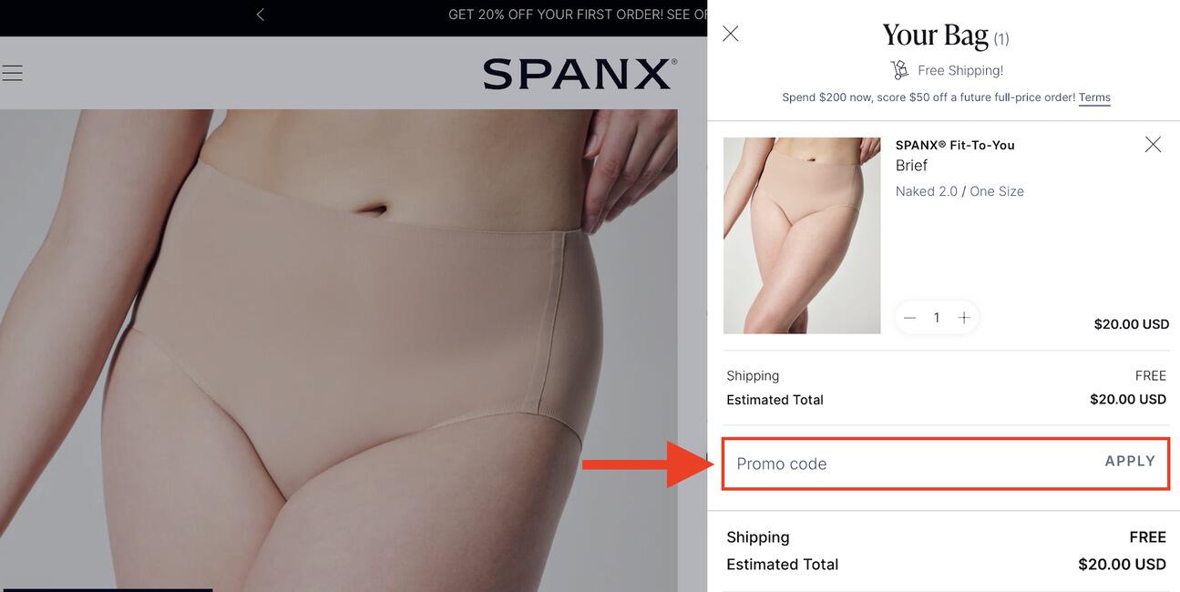 arrow pointing to spanx promo code box
