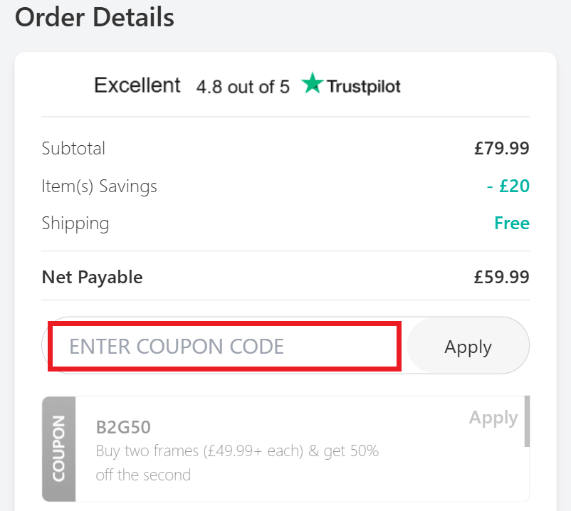 Specscart discount code redemption box image
