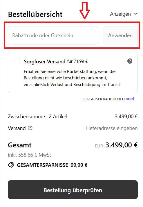 Warenkorb Ansicht um einen Speediance Gutschein einzulösen