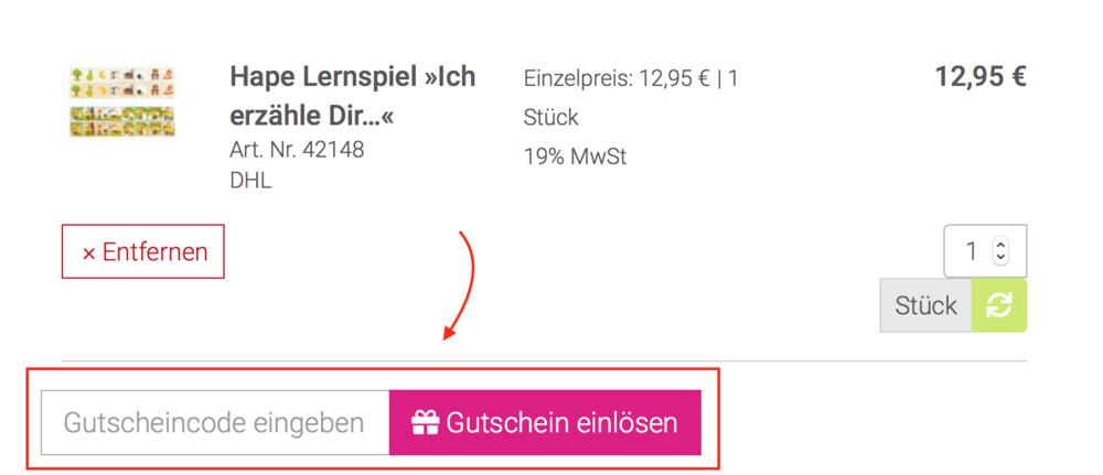 Warenkorb-Screenshot mit Eingabefeld für deinen Spielheld Gutschein