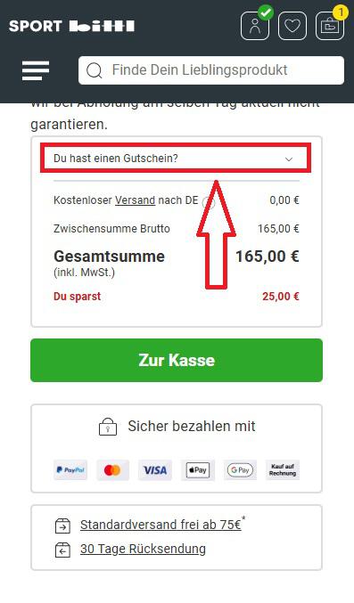 Screenshot vom Eingabefeld mit Hinweis darauf, wo du deinen Sport Bittl Gutschein einlösen kannst