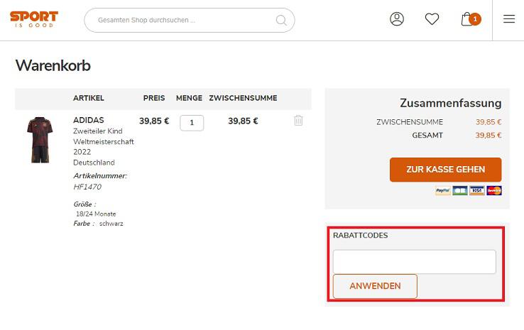 Screenshot aus dem Warenkorb mit Hinweis darauf, an welcher Stelle du den Sport is good Gutschein einlösen kannst