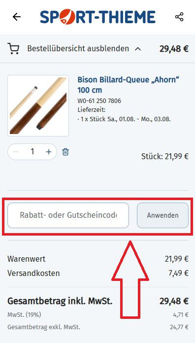 Screenshot vom Eingabefeld mit Hinweis darauf, wo du deinen Sport-Thieme Gutschein einlösen kannst