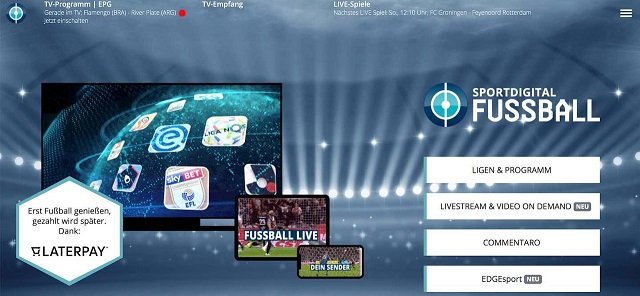 Webseite von Sportdigital mit Fußball-Games aus den besten Ligen im Livestream
