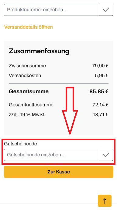 Screenshot vom Warenkorb mit Eingabefeld für Sportlädchen Gutschein