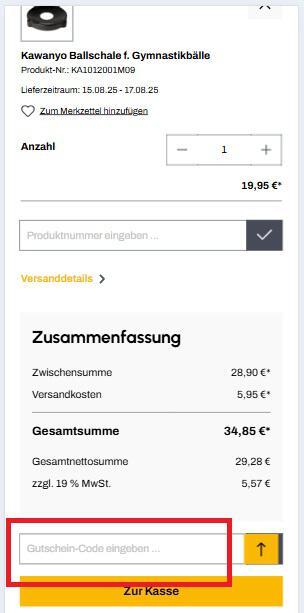 Screenshot vom Warenkorb mit Eingabefeld für Sportlädchen Gutschein