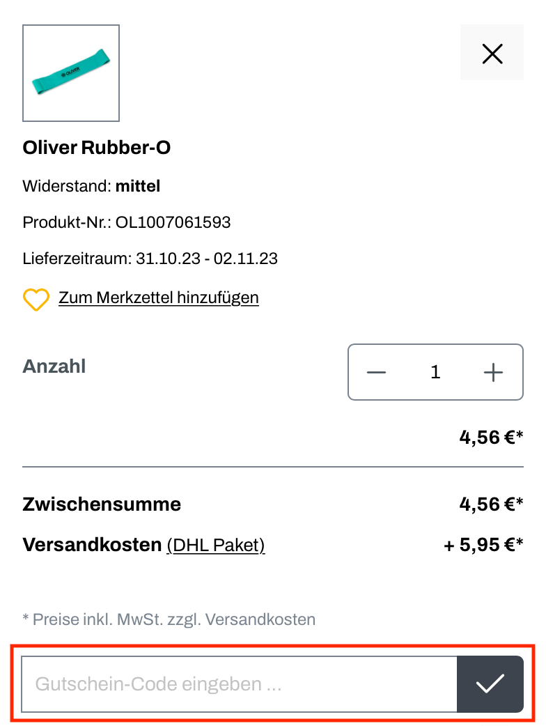 Eingabefeld für den Sportlädchen Gutschein im Warenkorb