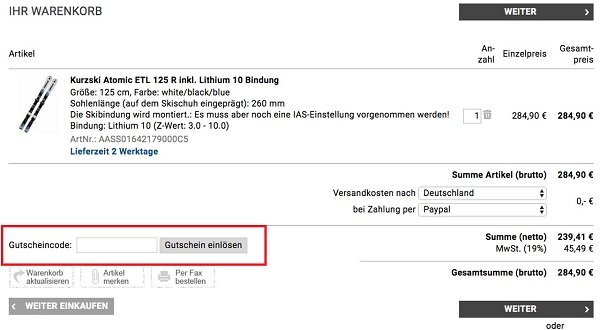 Eingabefeld für Sportolino Gutschein im Warenkorb
