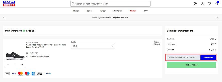 Screenshot aus dem Warenkorb mit Eingabefeld für einen Sports Direct Gutschein