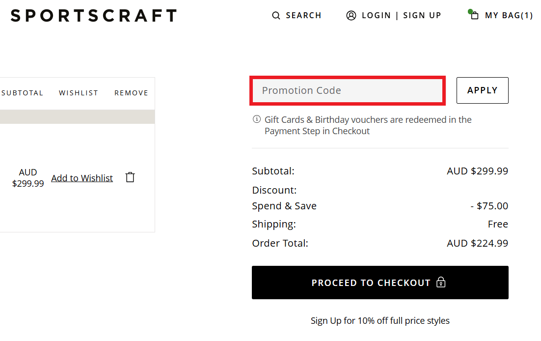 Sportscraft discount code redemption box during checkout