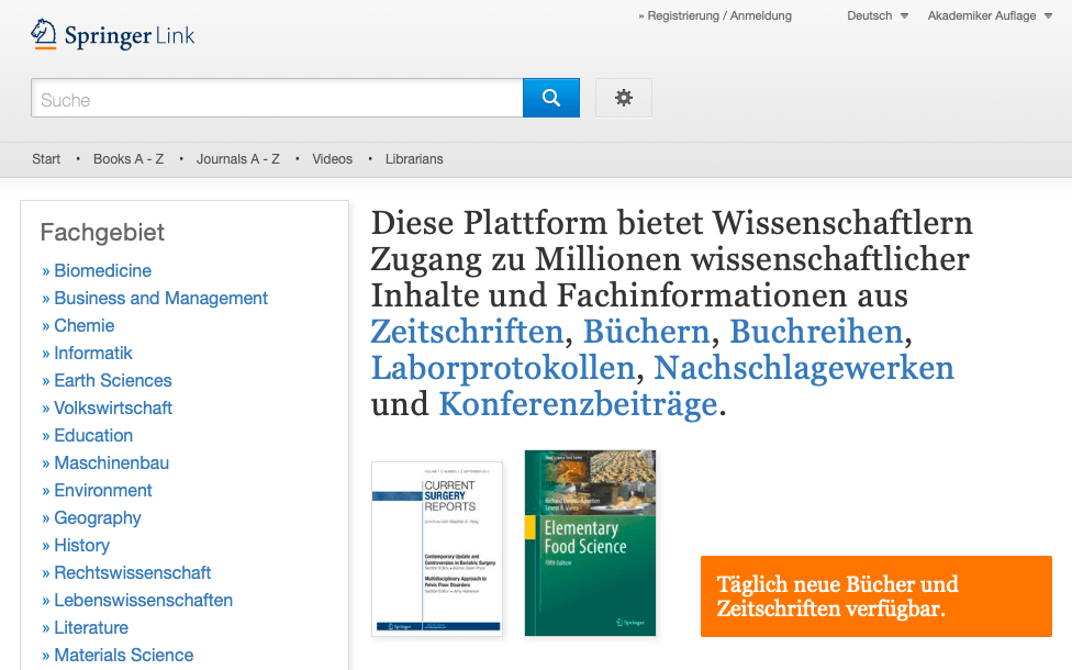Springer Link Online-Shop mit vielen interessanten Büchern