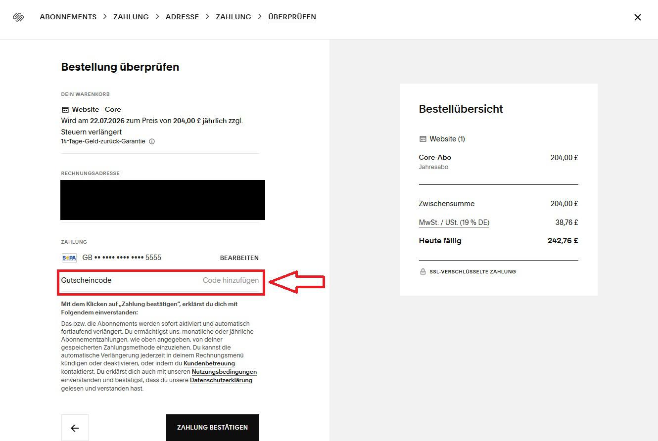 Squarespace Gutschein Eingabefeld
