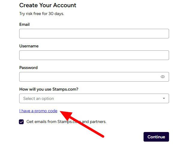 Stamps.com coupon box on subscription checkout page