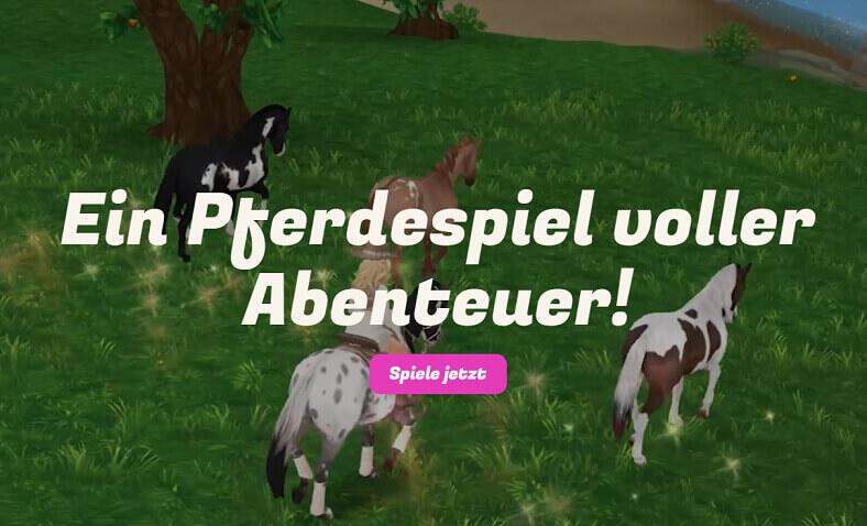 Banner der Star Stable Gutscheinseite: Vier Pferde und eine Reiterin in grüner Landschaft im Game; Aufschrift "Ein Pferdespiel voller Abenteuer"