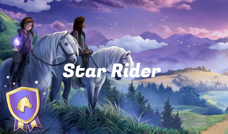 zwei Reiterinnen in violett mystischer Landschaft im Game werben als Banner für Star Stable "Star Rider"