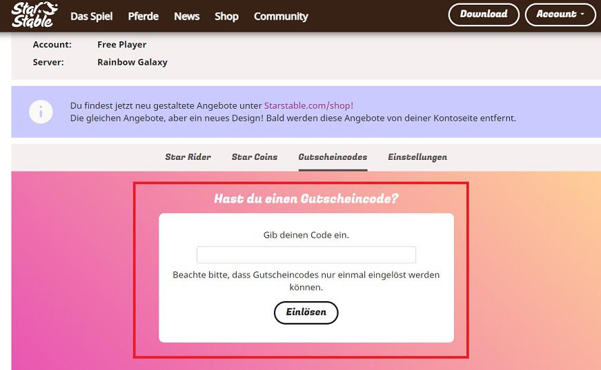 Screenshot vom Eingabefeld, wo du einen Star Stable Gutschein einlösen kannst