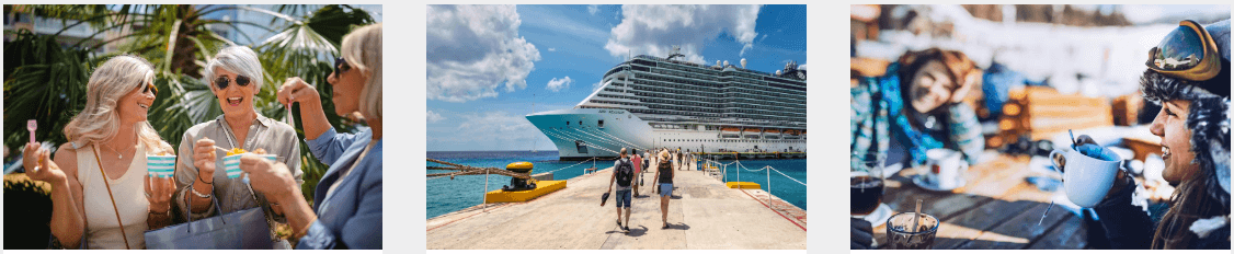 Staysure bannner - 3 images - women having coffee, a cruise ship and skiers having a hot drink