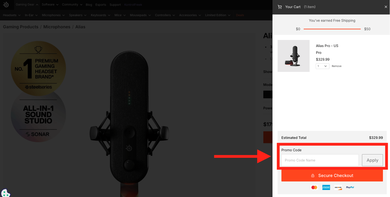 Steelseries coupon box on checkout page
