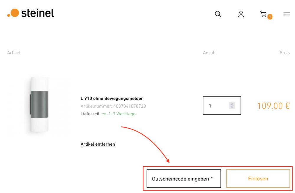 Warenkorb-Screenshot mit Eingabefeld für deinen Steinel Gutschein