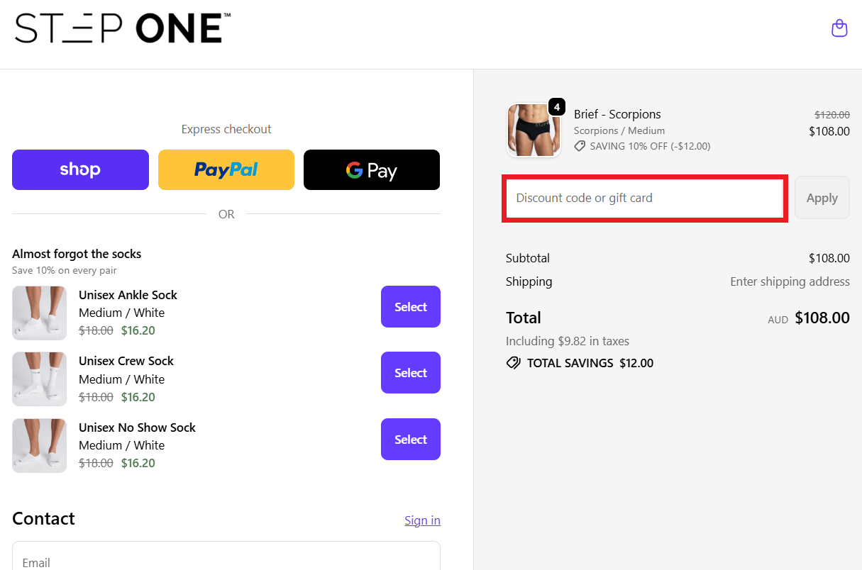 Step One discount code application box image