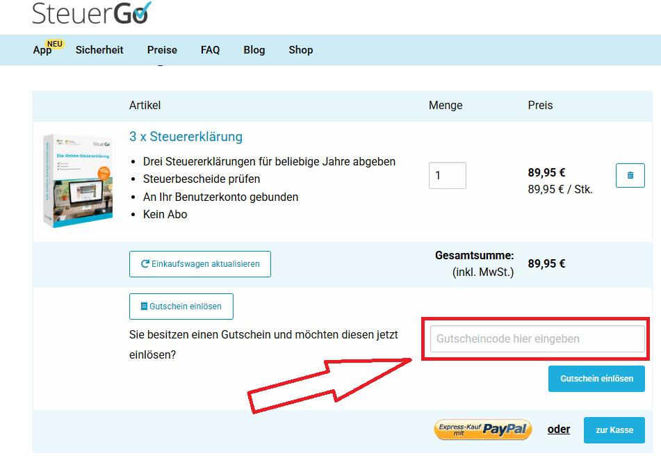 Screenshot vom Eingabefeld mit Hinweis darauf, wo du deinen SteuerGo Gutschein einlösen kannst