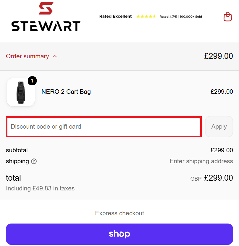 Stewart Golf discount code box in the shopping cart