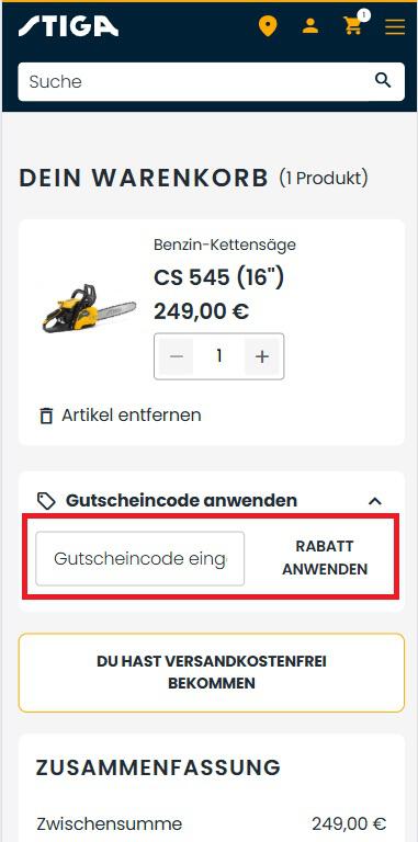 Warenkorbansicht mit Eingabefeld für STIGA Gutscheincode