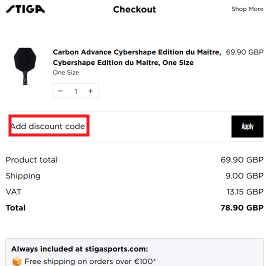 STIGA Sports discount code box in shopping cart image