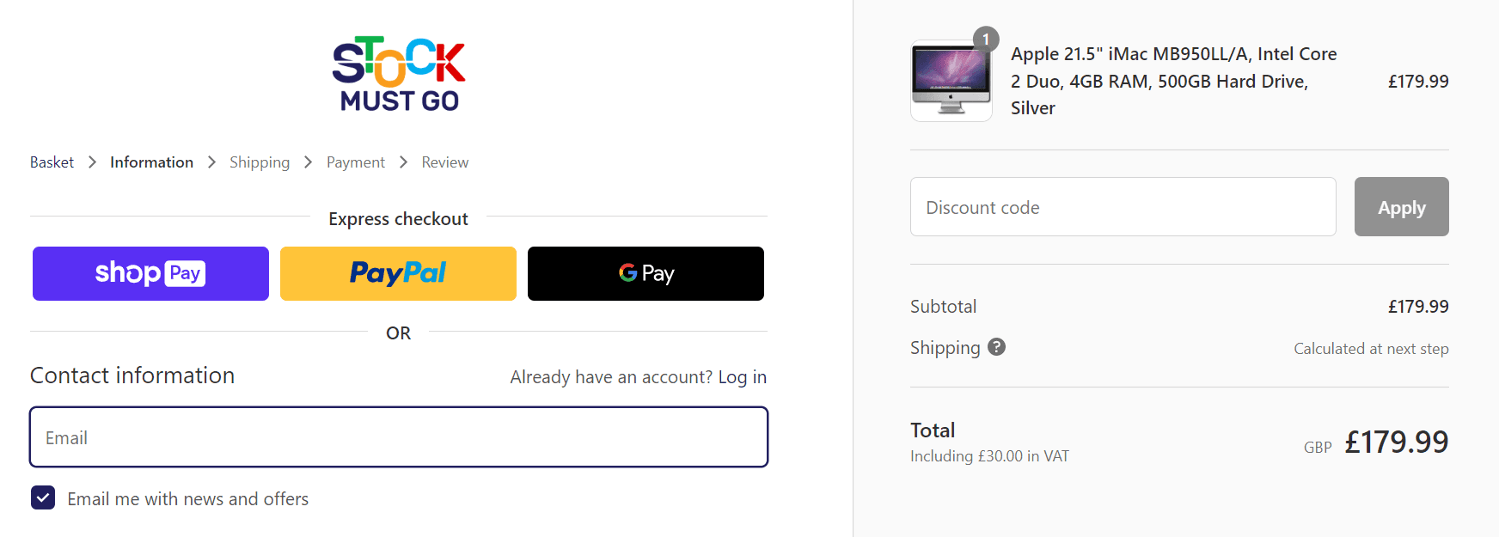 Stock Must Go discount code application box at checkout