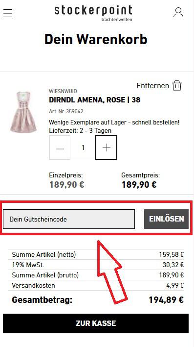 Screenshot vom Eingabefeld mit Hinweis darauf, wo du deinen Stockerpoint Gutschein einlösen kannst