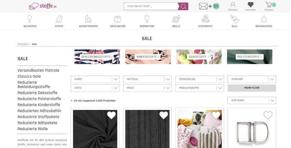 Screenshot des Webshops von Stoffe.de