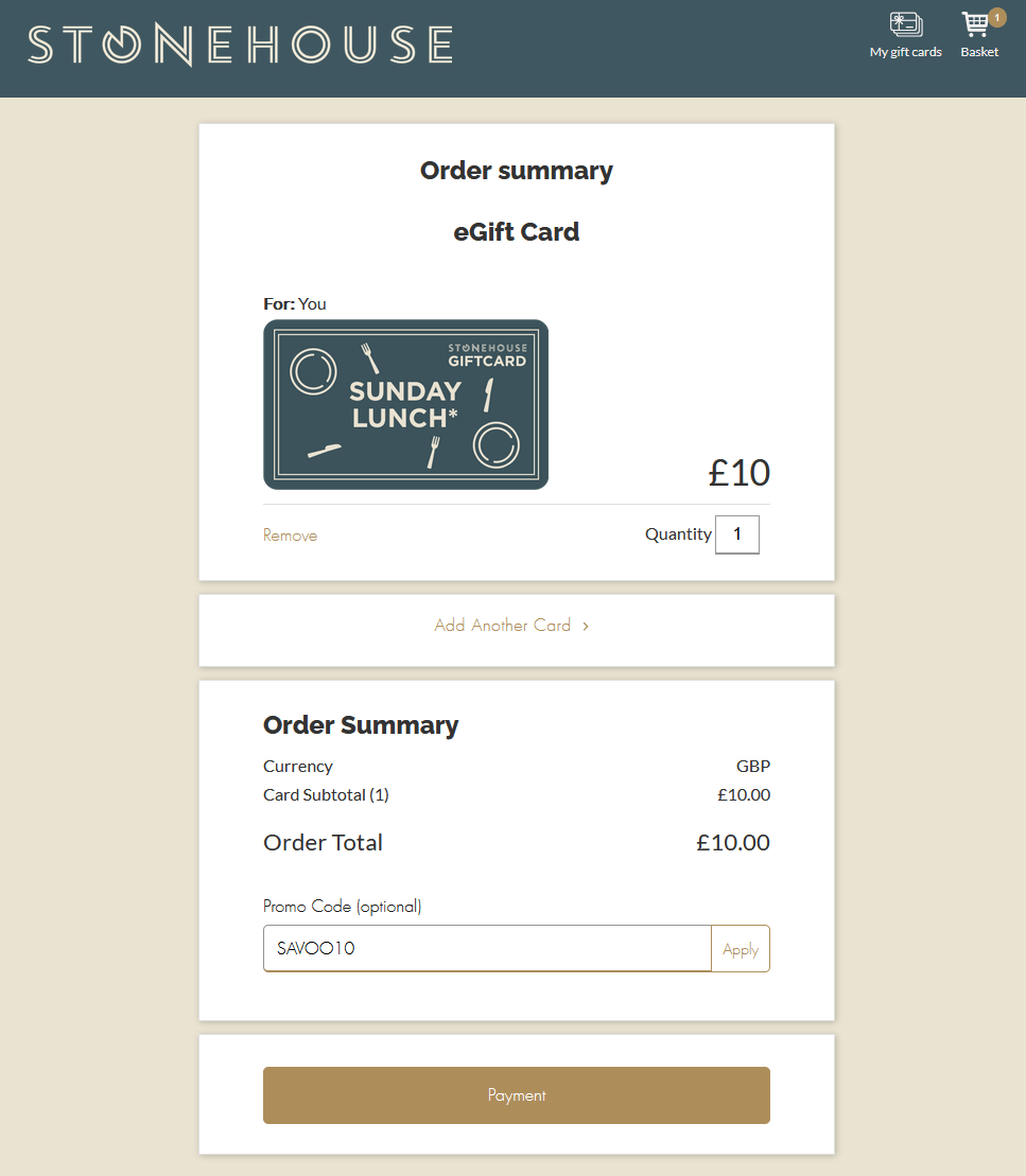 Application box for Stonehouse discount code at the online payment window