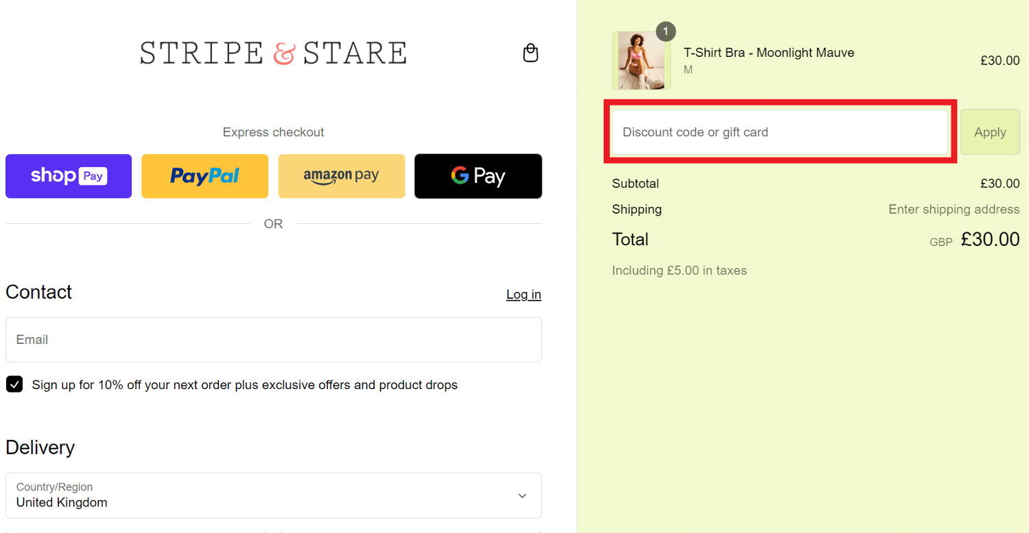 Stripe and Stare discount code box in shopping basket