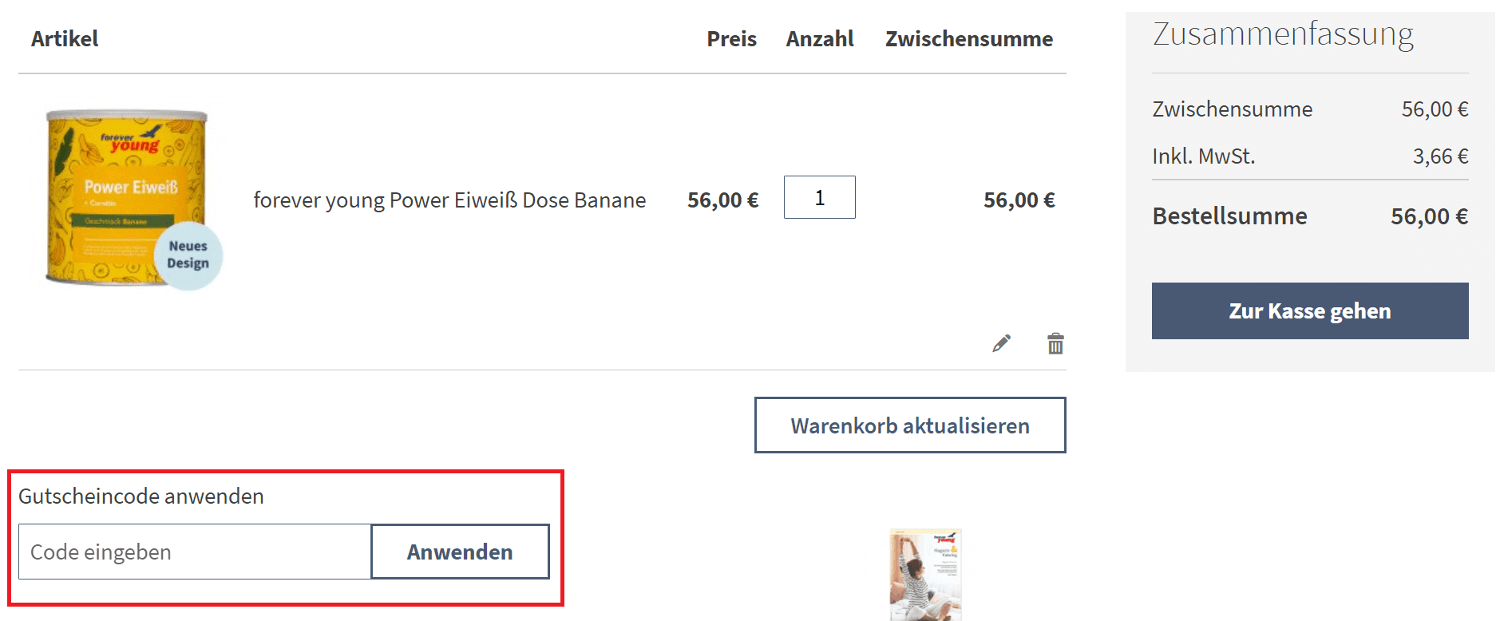 Warenkorb mit Eingabefeld für einen Strunz Gutschein