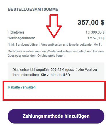 Screenshot von der Bestellübersicht um deinen StubHub Rabattcode einzulösen