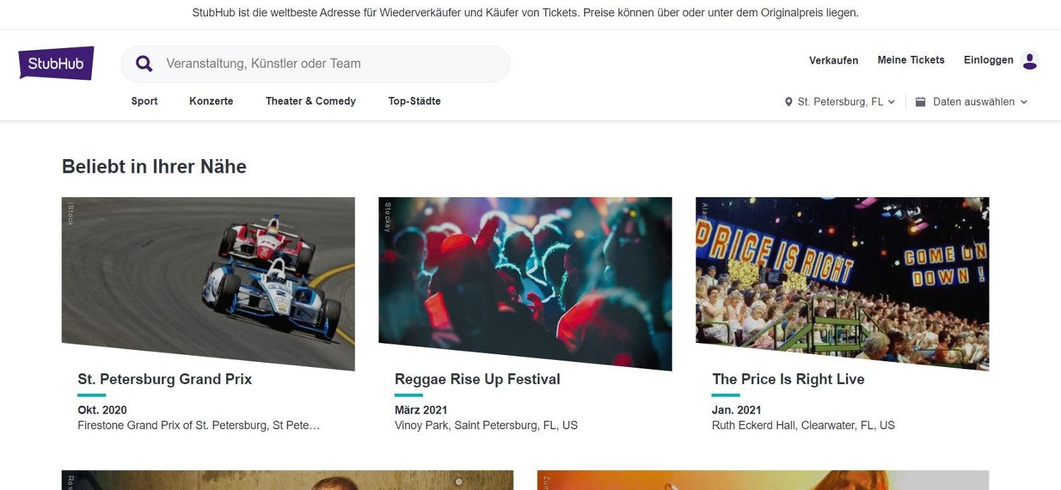 StubHub-Shop mit Angeboten an Tickets